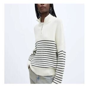 Mango MNG Striped Sweater Boxy Cropped Nautical White Blue Stripes Sz Small